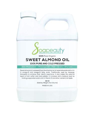 Soapeauty Organic Sweet Almond Oil Cold Pressed refined | 100% Pure Sweet Almond oil Available in Bulk | Carrier for Essential Oils, Almond oil for Skin, Face, and Hair, Soap Making (32 OZ) 32 Fl Oz (Pack of 1)