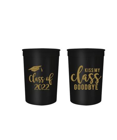 Graduation Party Cups, Kiss My Class Goodbye, Set of 12 Black and Metallic Gold Stadium Cups, Perfect Graduation Party Supplies, Graduation Decorations, and Graduation Favors