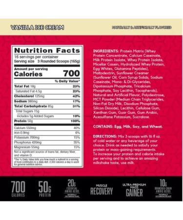 BSN True Mass Gainer | Protein & Carb Matrix Weight Gainer | 2:1 Carbohydrate to Protein Ratio | 700 Calories 50g Protein 85g Carbohydrates | 16 Servings 5.82LB (Vanilla Ice Cream) Vanilla Ice Cream 16 Servings (Pack of 1) - Buy Online on GoSupps.com