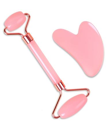 Gua Sha & Jade Roller Facial Tool Set for Skin Care Routine Face Roller and Gua Sha for Reducing Puffiness and Redness Ideal Self-Care Present for Men and Women - Pink