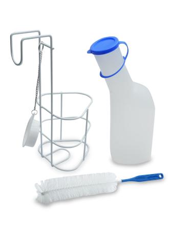 Urine bottle with bracket and brush for men |Set of 3 parts |1000 ml PP urine bottle with lid milky with cleaning brush and bed holder/urine bottle holder with lid including chain