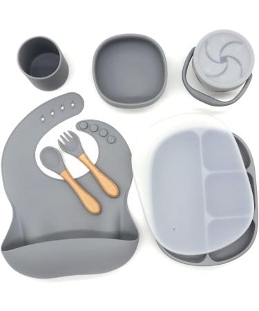 Baby Weaning Set | Toddler Feeding Set | Suction Plate Cup Bowl Spoon Fork Snack Cup Lid | Silicone & Wood Materials (Grey) - Buy Online on GoSupps.com