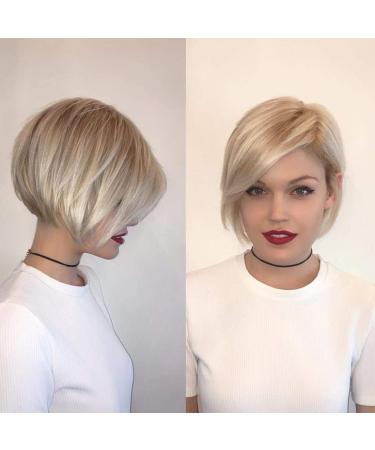 Baruisi Short Blonde Wigs for White Women Layered Synthetic Side Part Straight Bob Wig Halloween Party Cosplay Hair with Wig Cap Platinum Blonde