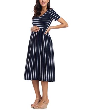 Love2Mi Womens Short-Sleeve Maternity Dress XL Navy White Stripe | Casual A-Line Midi Pregnant Dress - Buy Online on GoSupps.com