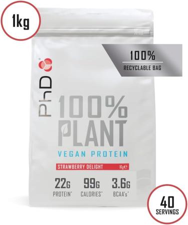 PhD Nutrition 100% Plant Vegan Protein Powder - Strawberry Delight | 22g Plant Based Protein | BCAA-Rich & Low Calorie | 40 Servings | 1kg Bag - Buy Online on GoSupps.com