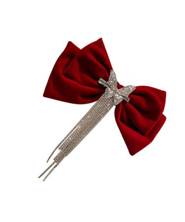 Angoily Tassel Hair Clip Big Bow Crystal Hair Clip French Barrette Hair Jewels for Women Goody Hair Clips for Women Tassel Hair Bow Crystal Bow Hair Clip Headgear Miss Red Bow Tie Velvet