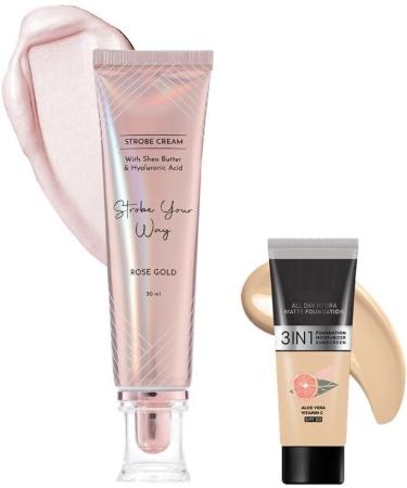 DK ROS.e Glow Kit | Rose Gold Strobe Cream (30 ml) + Hydra Matte Absolute All Day Mini Medium Coverage Foundation (15 ml) | Women's Makeup Kit (2-pack combo)