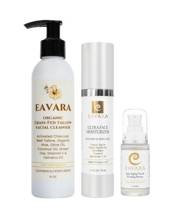 Eavara Beef Tallow Face Wash Collagen Cream and Facial Serum Set Organic Skincare Trio with Grass-Fed Tallow Collagen Peptides Hyaluronic Acid and Shea Butter Gently Cleanses & Hydrates