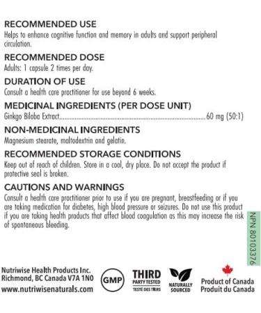 Nutriwise Ginkgo Biloba 60mg with 50:1 Extract Ratio (3000mg Raw Extract) 300 Capsules - Buy Online on GoSupps.com