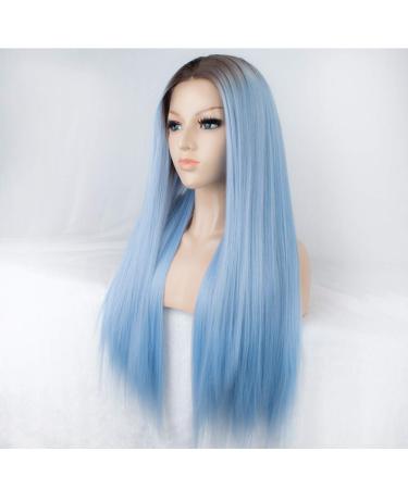 SHIYID Blue Wig for Women Synthetic Lace Front Wig with Brown Roots Long Straight Light Blue Wig Right Part Fake Hair