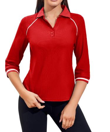 Aurgelmir Women's Casual 3/4 Sleeve Golf Polo T Shirts V Neck Workout Striped Slim Fit Tennis Shirts Tops Red Small