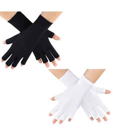 PROUSKY 2 Pairs Anti UV Fingerless Gloves for Women Gel Nails Manicures Black/ White Hand Protection Gel Manicures Nails Gloves UV Shield Glove for Nail Design from UV Light Lamp Manicure Dryer 2 Pairs Black White