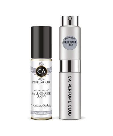 CA Perfume Duo Impression of Paco One Millionaire Lucky For Men Eau de Parfum Refillable Atomizer Sprayer + Fragrance Body Oil Long Lasting Sample Travel Size Roll-On Bottle 0.27 Fl Oz+0.33 Fl Oz
