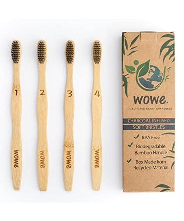 Wowe Natural Bamboo Toothbrush Charcoal Infused Soft Bristles 4 Pack