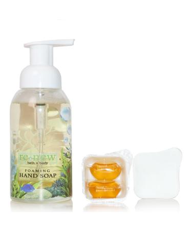 renew bath + body Foaming Hand Soap Kit (SEA Design) with 3 hand soap refills and zero waste reusable glass bottle - natural soap - vegan - cruelty free - made in the USA - Gardenia & Lemon Scent