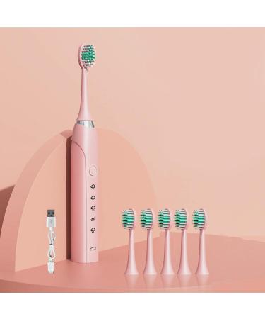 Electric Toothbrush for Adults with 5 Replacement Brush Heads Soft Bristle 5 Modes 2 Mins Smart Timer USB Charging Waterproof Electronic Toothbrush Dental Care Cleaning /581 (Color : Pink)