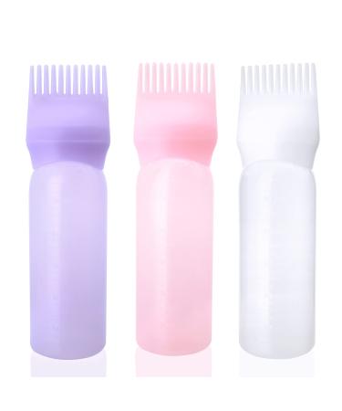 Root Comb Applicator Bottle 6 Ounce Hair Dye Applicator Brush 3 Pack Applicator Bottle for Hair Root Comb Color Applicator Bottle with Graduated Scale(Pink+White+Purple)
