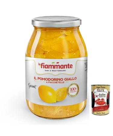 Italian Gourmet E.R. La Fiammante Il Pomodorino Giallo a Pacchetelle yellow tomatoes yellow cherry tomatoes 100% Italian tomato glass jar of 1 kg + Italian box Gourmet Tomato Pulp 400 g