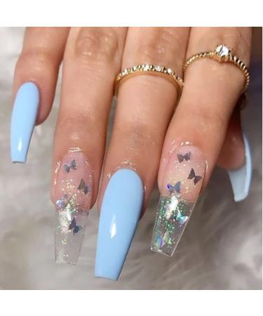 Outyua Butterfly Fake Nails Coffin Glossy Extra Long Blue Press On Nails - 24pcs for Women and Girls - Buy Online on GoSupps.com