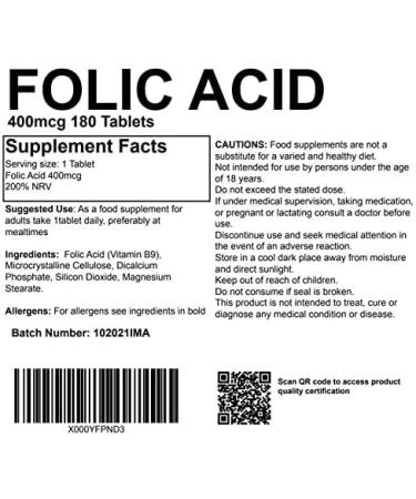 Folic Acid 400mcg 180 Tablets - Pregnancy & Fertility Supplement - UK Made - Pharmaceutical Grade - 180 Count - Buy Online on GoSupps.com