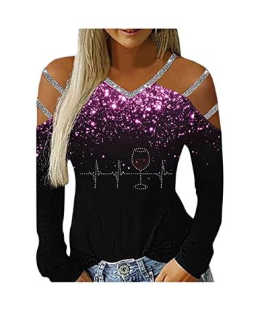 SineMine Long Sleeve Tops for Women Rhinestone Printing Blouses Loose V Neck Sparkling Off The Shoulder Cut Out T Shirts, White