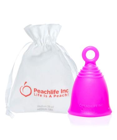 Ring Menstrual Cup with Loop Pull Tab Handle - Silicone Reusable for 10 Years - Medium Size Medium Firm Peachcup