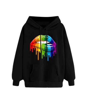 Bigfanshu Women's Hoodies Rainbow Mouth Hooded Pullovers New Girls Casual Sweatshirt Autumn Print Basic Hoodie