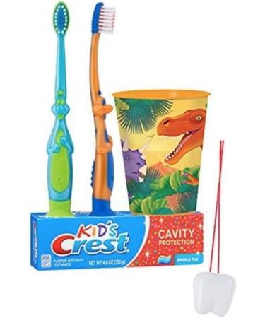 Dinosaurs 4pc. Oral Hygiene Set: Dino Toothbrush, Crest Kids Toothpaste, Mouthwash Cup, & Reminder Aid - Buy Online on GoSupps.com