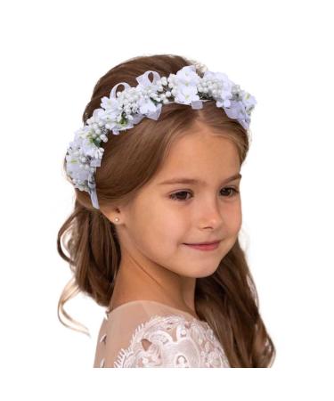 Campsis Girls Headpiece Flower Headbands Rhinestone Crystal Communion Hair Accessories Bridal Birthday Photography Costume for Women and Girls(White)