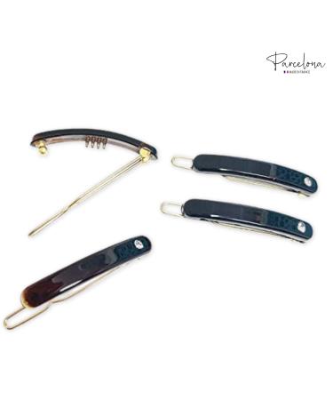 Parcelona French Mini Oblong Celluloid Acetate Hair Clips Set of 4 - Tortoise Shell-Black - Buy Online on GoSupps.com