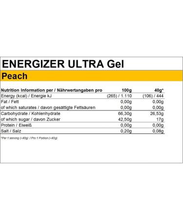 Peeroton Energizer Ultra Gel Peach - Isotonic Energy Gel for Max Endurance | 26.5g Carbs Fast Digesting 40ml (24 Pack) - Buy Online on GoSupps.com