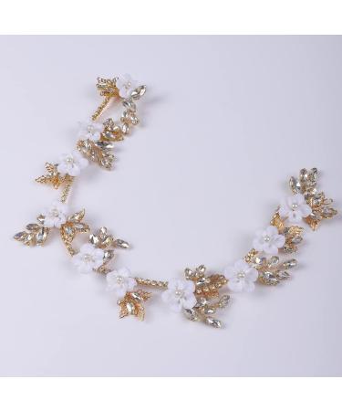 Chargances Bridal White Flower Hair Vine Wedding Leaf Crystal Headband Dainty Pearl Statement Handmade Hair Accessories for Women and Girls Brides (Gold) - Buy Online on GoSupps.com