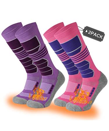 COOVAN Ski Socks Mens Womens 2 Packs Warm Winter Thermal Socks for Snow Snowboarding Knee High Compression Socks Small-Medium 2 Pairs-1 Pink+1 Purple