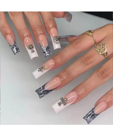 French Tip Press on Nails - Long Press On Nails with Nail Tips Black and white halo dyed cross design fake nailspress on nails Acrylic False Nails Cute Artificial Nails