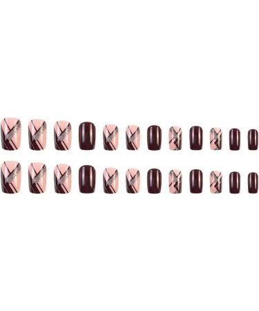 Press on Nails Short Square Fake Nails Wine red glittering pink line False Nails Gloss Reusable Press on Nails Designs Acrylic Nails Press on Artificial Nails Stick on Nails For Women Girls 24Pcs - Buy Online on GoSupps.com