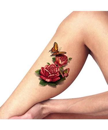 TAFLY Temporary Tattoo 3D Butterfly Red Peony Body Art Fake Stickers 5 Sheets