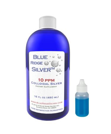 Blue Ridge Silver 10 ppm 16 oz Colloidal Silver Natural Immune Support Health Supplement with Free Travel Dropper Bottle