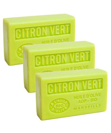 Savon de Marseille - French Soap Made With Pure Organic Olive Oil and Shea Butter - Lime Fragrance - 125 Gram Bars - Set of 3