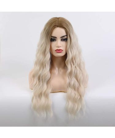 Long Wavy Blonde Synthetic Wig | Dark Root | Natural Beach Wave | Middle Part | Daily/Party/Cosplay | Platinum Blonde 26 Inch - Buy Online on GoSupps.com