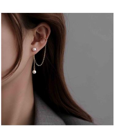 Vintage Pearl Cuff Chain Earrings Gold Chain Ear Cuffs Dangle Chain Cartilage Earrings Pearl Studs Earrings Cartilage Helix Earrings Helix to Lobe chain earrings Jewelry for Women and Girls (Gold B)