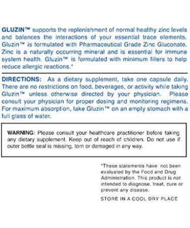 Gluzin 50mg Zinc Capsules - Pharmaceutical Grade, 60 Count - Wilson's Most Trusted Zinc Supplement - Buy Online on GoSupps.com