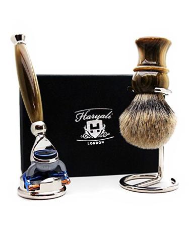 4 Pc Men's Shaving Kit | 5 Edge Razor Badger Hair Brush & Stainless Steel Stand - Perfect Gift for Men - Buy Online on GoSupps.com