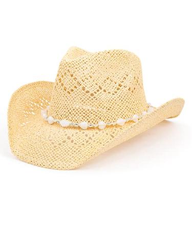 TOVOSO Western Cowgirl Hat, Straw Cowboy Hat for Women with Shapeable Brim, Beaded Hearts Trim, Shapeable Cowboy Hat Beige