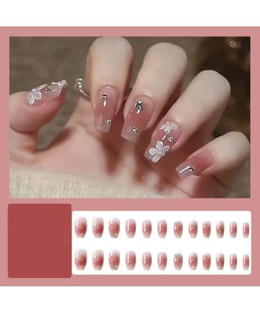 3D Rhinestone Press on Nails - Bling Glitter Pink Flower Fake Nails - Coffin Acrylic False Nails - 24pcs with Glue Sticker - Prom Women's Nails - Buy Online on GoSupps.com