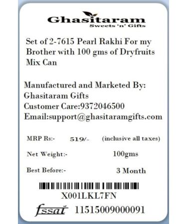 Ghasitaram Gifts Rakhi for Brother Rakhis Online -Set of 2-7615 Pearl Rakhi for My Brother with 100 GMS of Dryfruits Mix Can 2 Rakhi with 100 gms of Dryfruits Mix Can - Buy Online on GoSupps.com