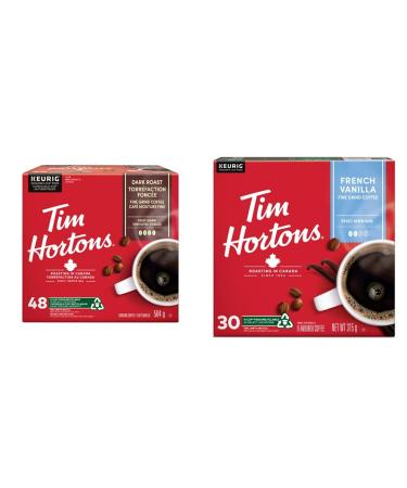 Tim Hortons Dark Roast Coffee Single Serve Keurig K-Cup Pods 48 Count & French Vanilla Coffee Keurig K-Cup Pods Flavoured Medium Roast 30 Count (Imported from Canada)