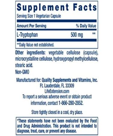 Life Extension L-Tryptophan 500 mg | 90 Vegetarian Capsules for Mood & Sleep Support - Buy Online on GoSupps.com