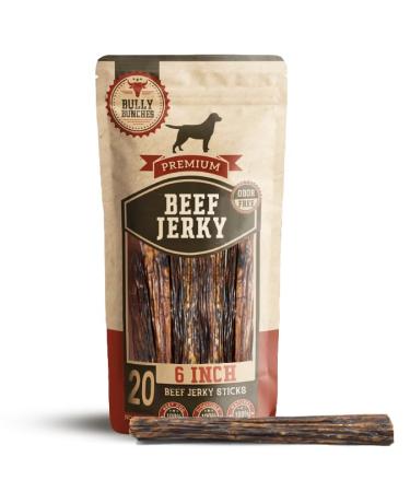Bully Bunches All Natural 6 Inch Beef Jerky Sticks Soft and Crunchy Gullet Chews - Odour Free Rawhide Free Chemical Free Safe Healthy and Nutritious Dog Treats for Light Chewers 20 Pk 6 Inch 1 count (Pack of 1)