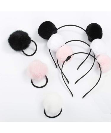 lasenersm 6 Pieces 3 Pairs Fluffy Furry Pom-Ball Headband and Elastic Hair Ties Fuzzy Faux Fur Animal Ears Double Pom-Headband Pom-Ball Hair Band for Girls and Women