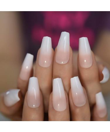 Glossy Ombre Pink Nude White French Ballerina Coffin False Nails - Reusable Gradient Natural Press-On Tips | L5665 - Buy Online on GoSupps.com